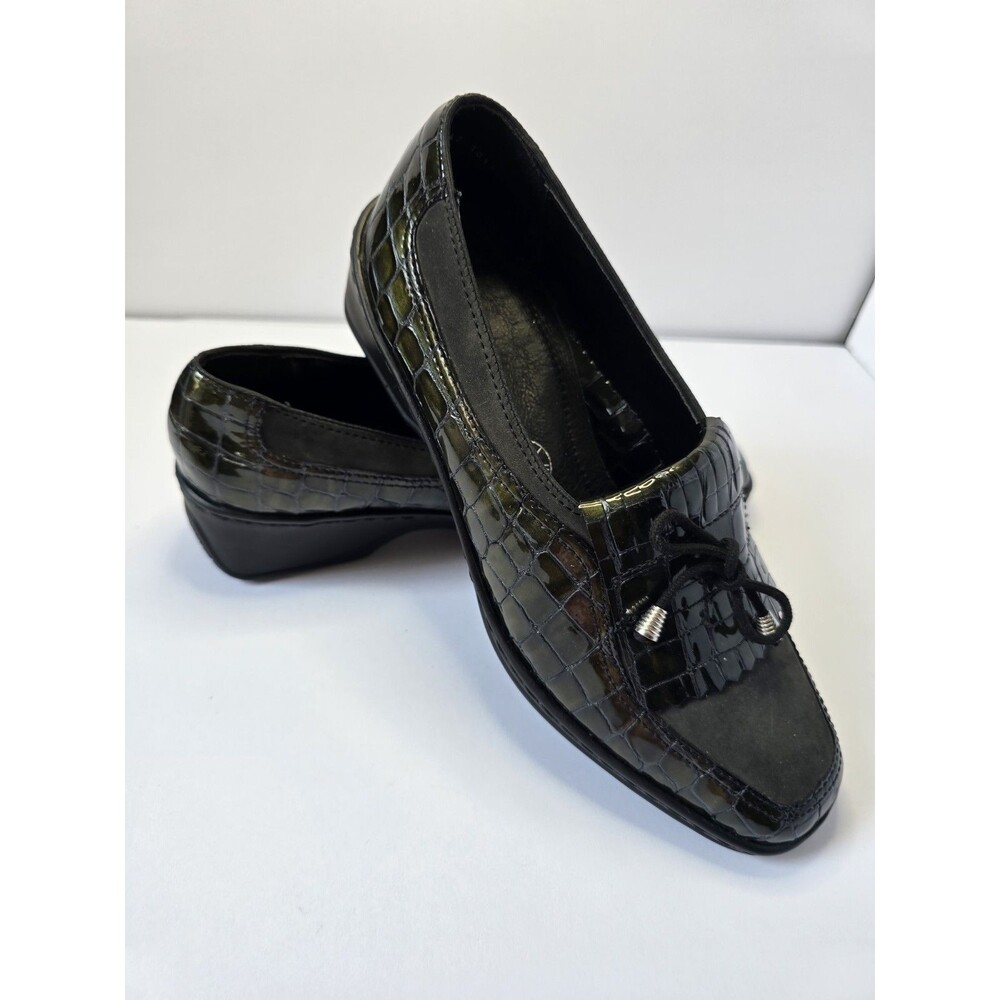 Ara green Croc Embossed Leather Wedge Loafers Kiltie Bow 5.5 Womens.